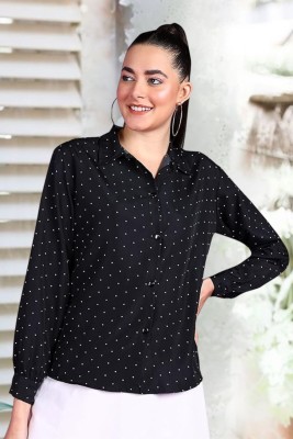 POPWINGS Women Printed Casual Black Shirt