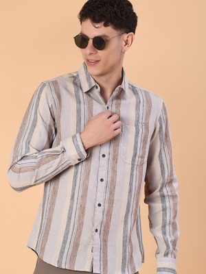 V-MART Men Striped Casual Brown Shirt