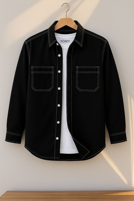 FOXEY Men Solid Casual Black Shirt