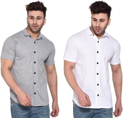 Lawful Casual Men Self Design, Solid Casual White, Grey Shirt(Pack of 2)