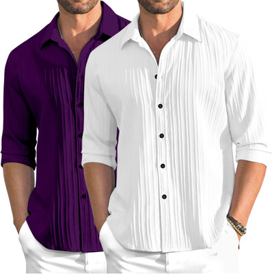 OXXOM Men Self Design Casual Purple, White Shirt(Pack of 2)