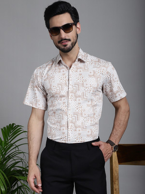 Indian Needle Men Printed Casual Beige, White Shirt