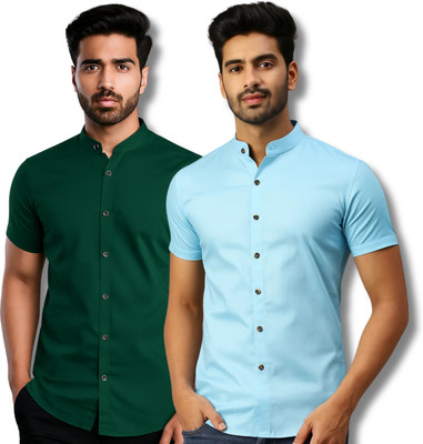 GOD HEART Men Solid Casual Green, Light Blue Shirt(Pack of 2)