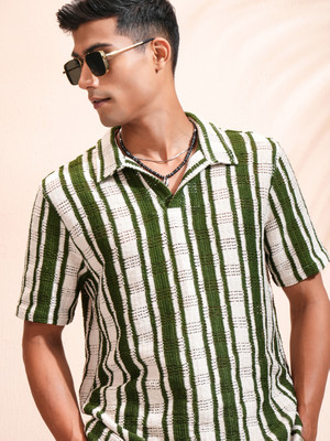 HIGHLANDER Men Striped, Self Design Casual Green Shirt