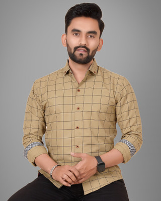 Voroxy Men Checkered Casual Khaki Shirt