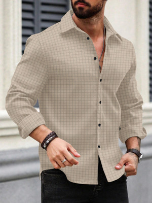 Growwax Men Checkered Casual Cream Shirt