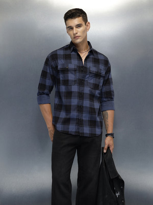 WROGN Men Checkered Casual Blue Shirt