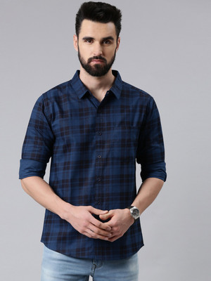 METRONAUT Men Checkered Casual Dark Blue Shirt