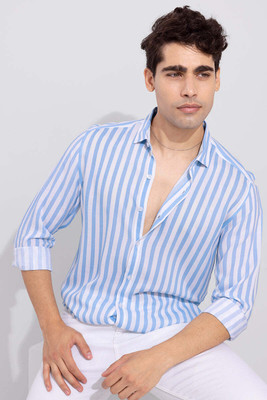 U TURN Men Striped Casual Blue Shirt