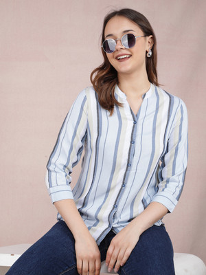 CRIMSOUNE CLUB Women Striped Casual Blue Shirt
