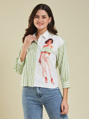 J TURRITOPSIS Women Printed, Striped Casual Green Shirt