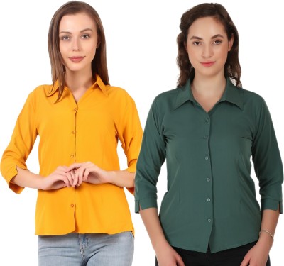 mdhav fashion Women Solid Casual Dark Green, Yellow Shirt(Pack of 2)