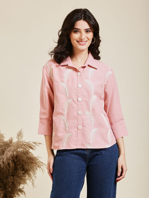 J TURRITOPSIS Women Embroidered Casual Pink Shirt