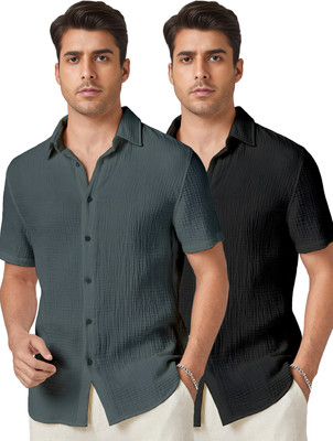 Webric Men Self Design Casual Grey, Black Shirt(Pack of 2)