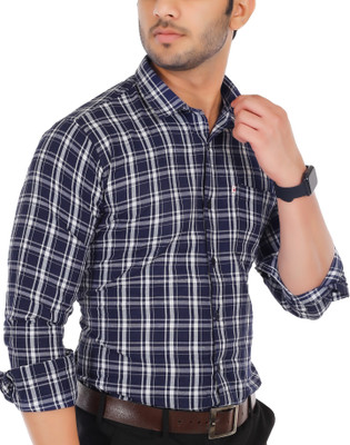 Marc Laurent Men Checkered Casual White, Blue Shirt