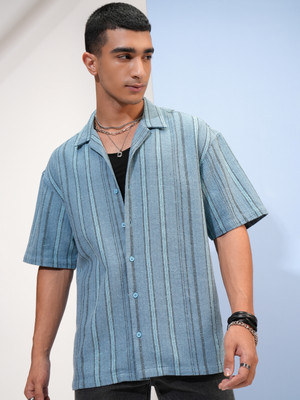 HIGHLANDER Men Striped Casual Blue Shirt