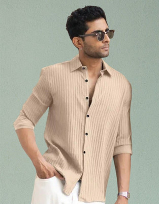 SHFASHION Men Striped Casual Brown Shirt