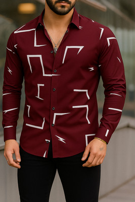JACKBELLA Men Printed Casual Maroon Shirt