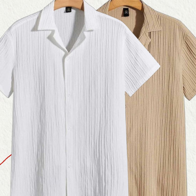 Looksky Men Self Design Casual White, Cream Shirt