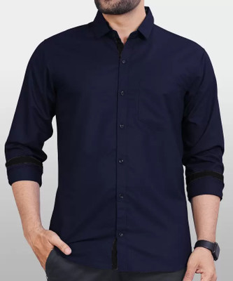 PEARL OCEAN Men Solid Casual Dark Blue Shirt