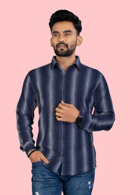 Karmsilk Creation Men Striped Formal Blue Shirt