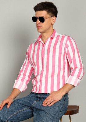 RODEIZ Men Striped Casual Pink, White Shirt