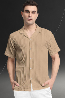 A DEEMOON TREND Men Striped, Self Design Casual Cream Shirt