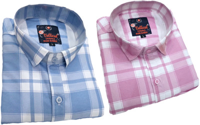 Vellical Men Checkered Casual Blue, Pink Shirt(Pack of 2)