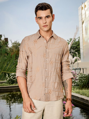 THOMAS SCOTT Men Embroidered Casual Beige Shirt