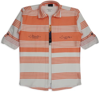 Charchit Boys Striped Casual Orange, White Shirt(Pack of 2)