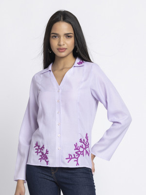 SHAYE SHAYE Women Embroidered Casual Purple Shirt