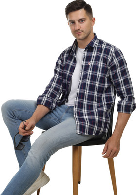 Tiki Tees Men Checkered Casual Dark Blue, Pink, White Shirt