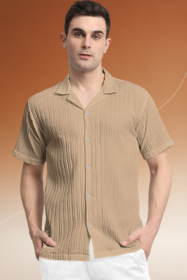 A DEEMOON TREND Men Self Design Casual Beige Shirt