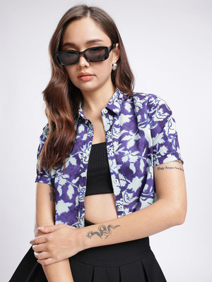 Glitchez Women Printed Casual Purple, White Shirt