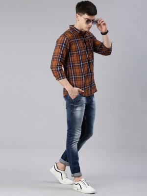 METRONAUT Men Checkered Casual Brown, Dark Blue, White Shirt