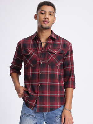 Glitchez Men Checkered Casual Red Shirt