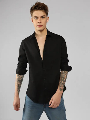 MOONBELL Men Solid Casual Black Shirt