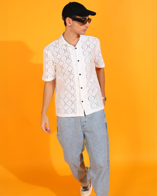 INDICLUB Men Self Design Casual White Shirt