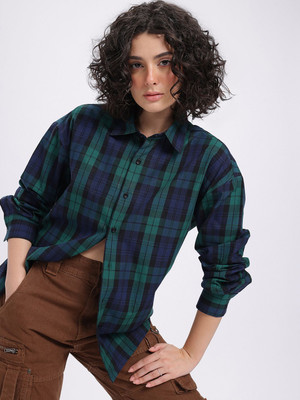 Glitchez Women Checkered Casual Green, Blue Shirt