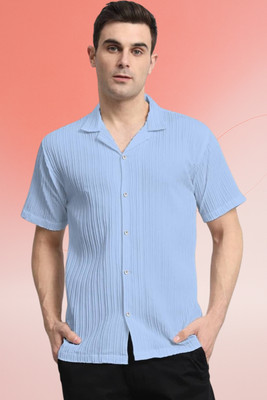 A DEEMOON TREND Men Self Design Casual Light Blue Shirt