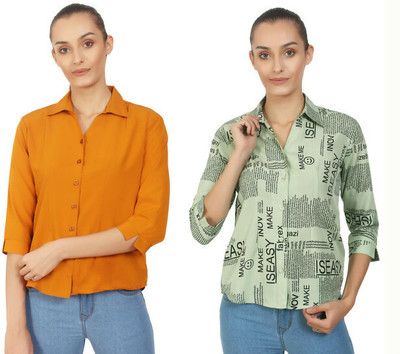 Laxmi sports Women Solid, Printed Casual Yellow, Green Shirt(Pack of 2)