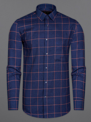 french crown Men Checkered Casual Dark Blue, Orange Shirt