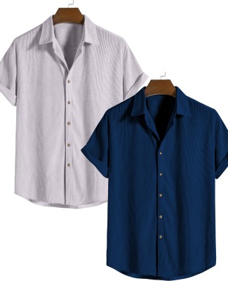 HASMI TRENDZ Men Self Design Casual White, Dark Blue Shirt(Pack of 2)