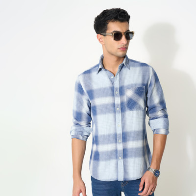 SF Jeans by Pantaloons Men Checkered Casual Blue, White Shirt