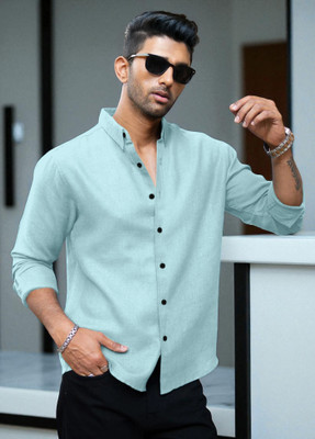 Yanthhi Men Solid Casual Light Blue Shirt