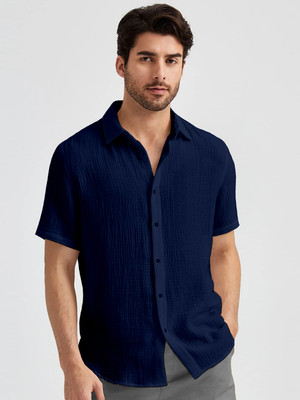 Webric Men Self Design Casual Dark Blue Shirt