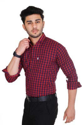 Marc Laurent Men Checkered Formal Dark Blue, Red Shirt