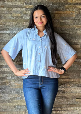 J TURRITOPSIS Women Polka Print Casual Blue Shirt