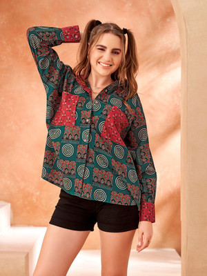 KAFTANIZE Women Geometric Print Casual Green Shirt