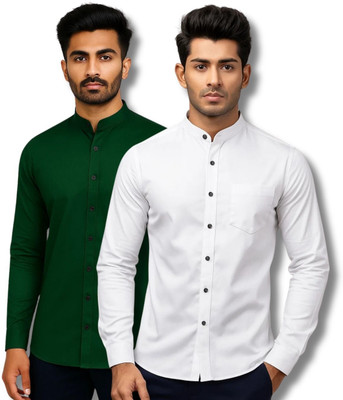 MAHIRAN Men Solid Casual Green, White Shirt(Pack of 2)